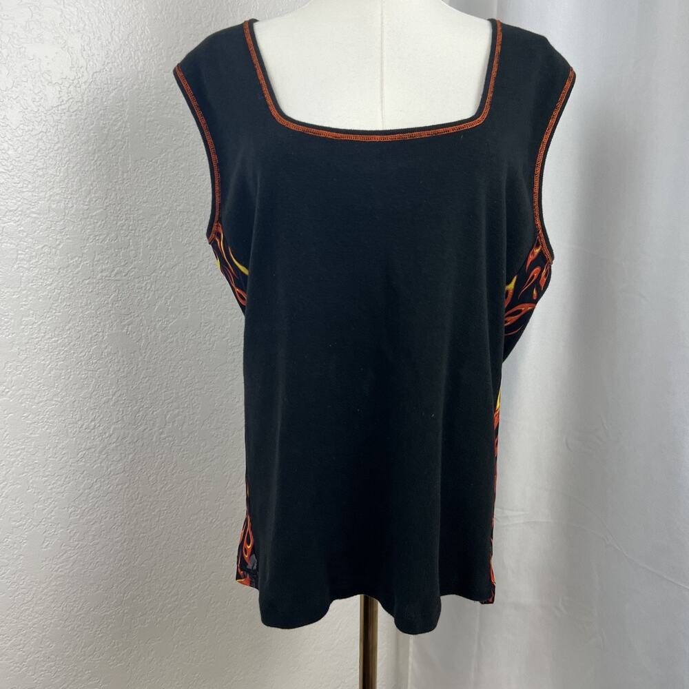 VTG Black Flame Mesh Trim Tank Womens 2X Biker Grunge Alt Emo Moto Edgy Y2K